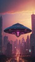A colossal alien spaceship hovering above a neon-lit city on a distant planet. photo