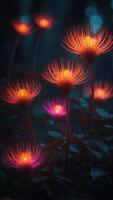 Alien plants with neon leaves glowing in the darkness of an alien forest. photo