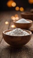 Wooden Bowl of White Flour on Rustic Table. photo