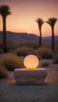 A desert oasis at twilight with an empty stone pedestal glowing softly. photo
