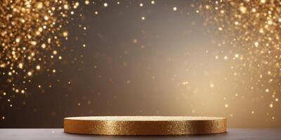 Golden podium for product presentation with sequins. photo