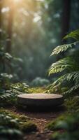 An empty floating pedestal in the middle of a lush, alien jungle. photo