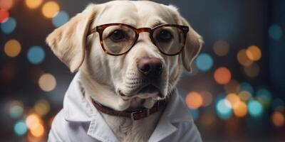 A dog wearing glasses and a white lab coat. photo