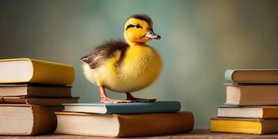 Duckling on stack of books with yellow background. photo