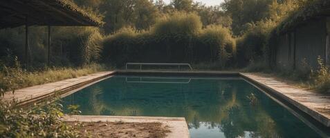 Abandoned Outdoor Swimming Pool with Overgrown Vegetation - Liminal Image. photo