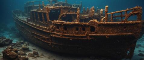 amazing rusty sunken ship under the sea in the depths. photo