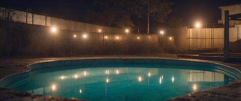 Abandoned Swimming Pool at Night with Moon Reflection - Liminal Image. photo