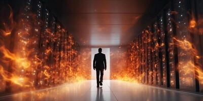 Silhouetted figure walking through a fiery data center symbolizing the intense energy power and dramatic potential of modern digital infrastructures. photo