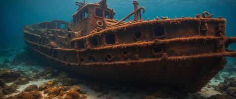 amazing rusty sunken ship under the sea in the depths. photo