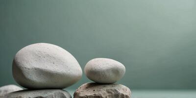 Minimalist Composition of a White Rock on Pastel Green Background. photo