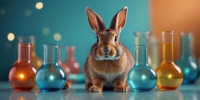 Smart bunny with colorful lab glassware on turquoise background. photo