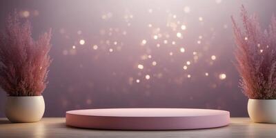 Podium soft pink and purple background can be used for mocking up or display product to make advertising. photo