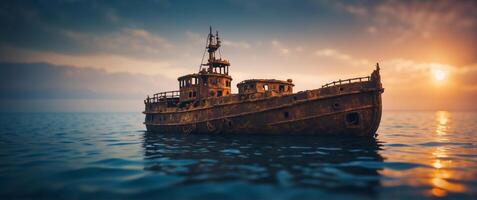 amazing sunken ship below the surface of the sea on the ground. photo