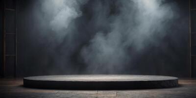 Studio dark room stone stage or podium with fog or mist. photo
