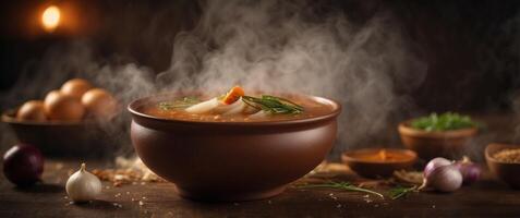 Steaming Bowl of Brown Soup with Floating Onions. photo