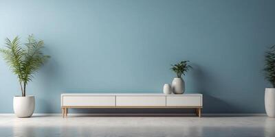 Minimalist light blue background with white shelf for product presentation in modern studio room. photo