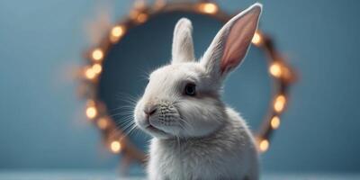 White Rabbit Poking Through Torn Hole in Light Blue Background. photo
