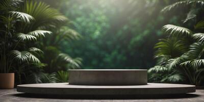 Tropical Forest Concrete Podium with Green Wall for Product Presentation. photo