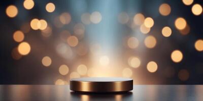Metal podium product stand or display with blur background and cinematic light. photo