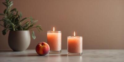 Unlit peach fuzz color candle on trendy minimal background with modern tone and hue. photo