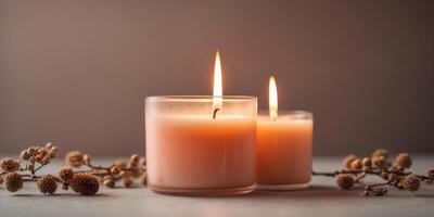 Unlit peach fuzz color candle on trendy minimal background with modern tone and hue. photo