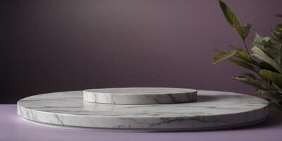 Modern round marble podium for product display with purple background studio. photo