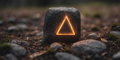 A glowing rune-covered stone embedded in the ground, radiating power. photo