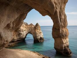 Panoramic view of a coastal cave entrance with a serene beach and limestone cliffs in the background. photo