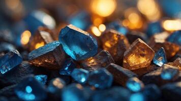 blue crystals with a rough surface illuminated by a bright light the surface of the crystals is covered with small cracks and imperfections. photo