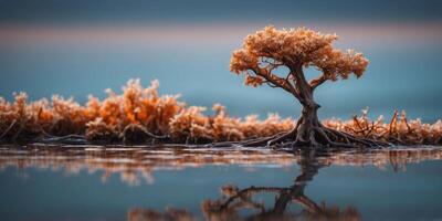 A tree with roots that glow like molten lava, growing in the middle of a frozen ocean. photo