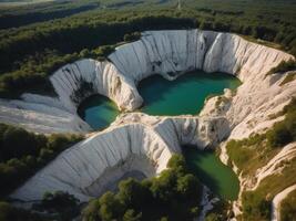Aerial view of large white limestone quarry in green landscape. photo