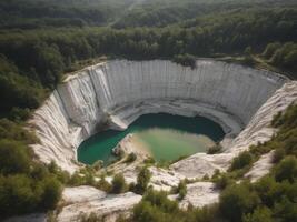 Aerial view of large white limestone quarry in green landscape. photo