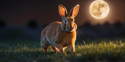 A glowing rabbit bounding through a field of glowing grass under a full moon. photo