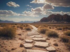 Rocky hiking path in the desert with a blue sky split by incoming clouds. photo