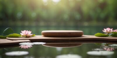 empty wooden podium floating on the lotus pond with natural green background for product presentation. photo