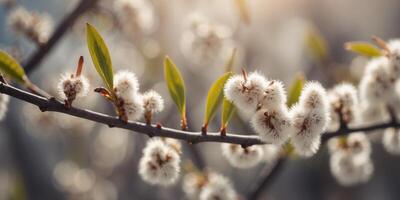 Willow branches with fluffy buds on a sunny spring day. photo