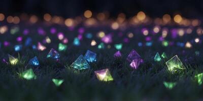A glowing grid of blue and green triangles floating in a deep purple field. photo