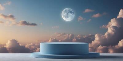Blue pastel round podium with moon and clouds in the sky for item showcase. photo