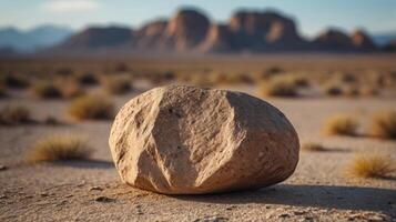 A desolate desert landscape with a large rock in the foreground. photo
