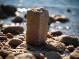 Sunlight shines on a deserted stone pedestal at the bottom of the sea. photo