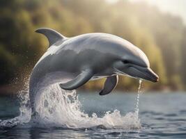 A White Dolphin Leaping Out of the Water with a Splash. photo