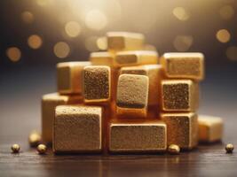 A stack of square objects with a gold color. photo