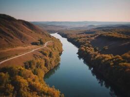 Aerial view of calm body of water with surrounding landscape. photo