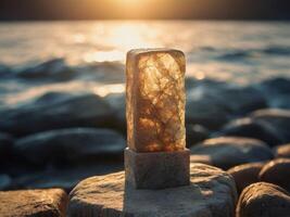 Sunlight shines on a deserted stone pedestal at the bottom of the sea. photo
