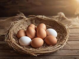 Rustic Farm Fresh Eggs in Woven Basket With Straw and Feathers on Wooden Table Background. photo