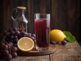 Freshly Pressed Grape Juice with Grapes and Lemon on a Rustic Wooden Table. photo