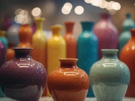 Close up shot of various colorful vases on display. photo