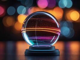 A glowing orb on a stack of glass panels with neon light lines. photo