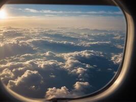 Aerial view of clouds from a plane window Offering a unique perspective on the sky's vast beauty and tranquility. photo
