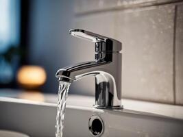 Close up view of modern chrome bathroom faucet with water flowing and fitting in the background. photo